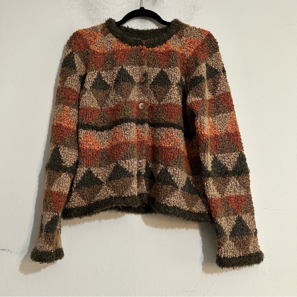 Vintage Textured Knit Diamond Geometric Cardigan Sweater Preppy Fall Indie